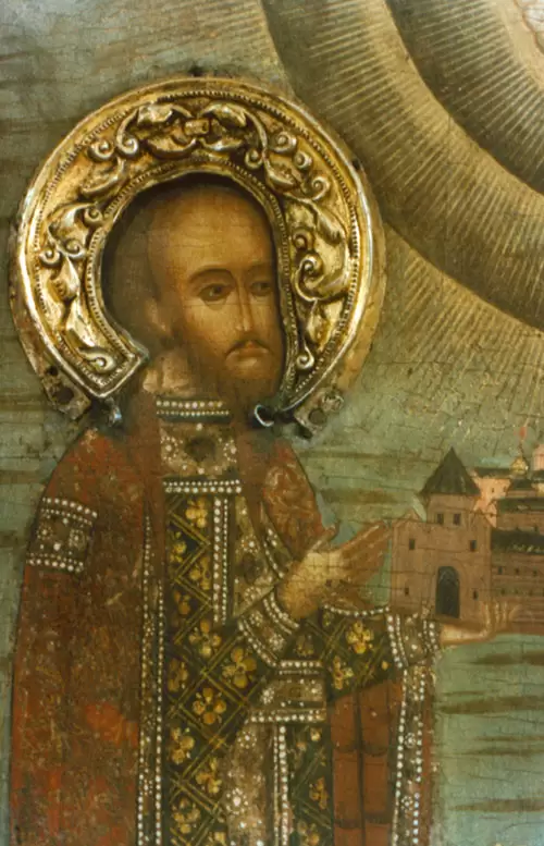 Лик Михаила Ярославича. Фрагмент иконы «Святой князь Михаил Ярославич Тверской и княгиня Ксения Тверская», 17 в.