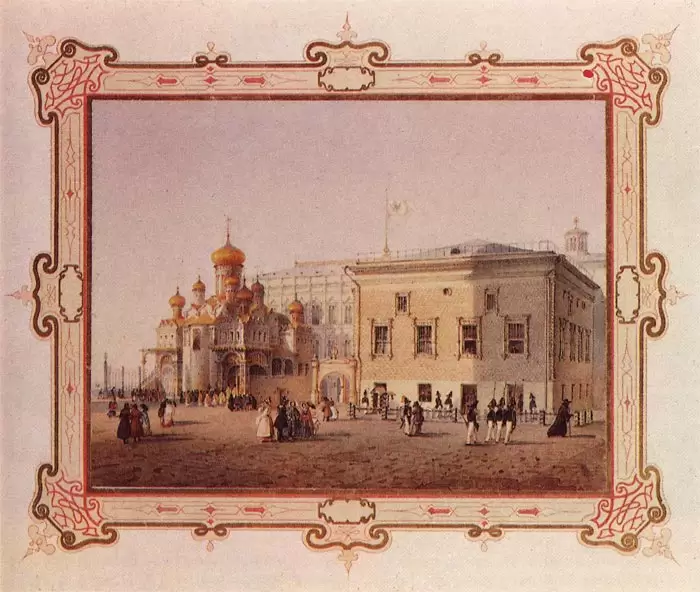 Грановитая палата и Благовещенский собор в середине 19 в. Акварель И.А. Вейса. 1860-е